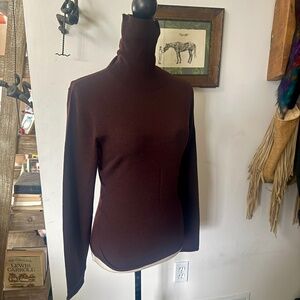 Vtg THEORY Wool Chocolate Brown Ruched Turtleneck Lightweight L